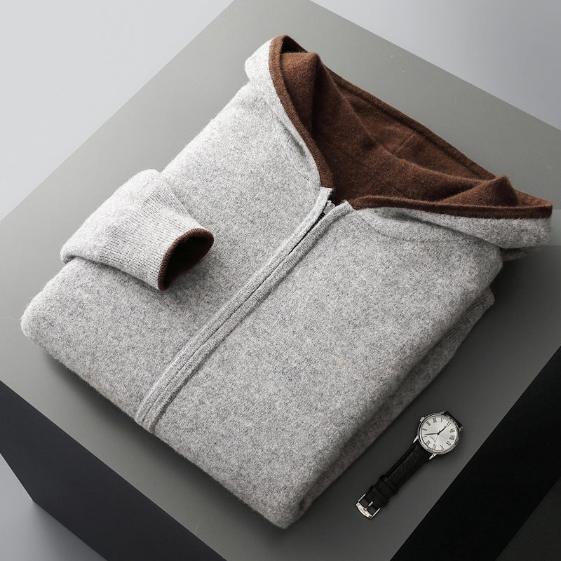 Mens Pure Wool Double Sided Hooded Cardigan Loose Fit Thickened Sweater Jacket