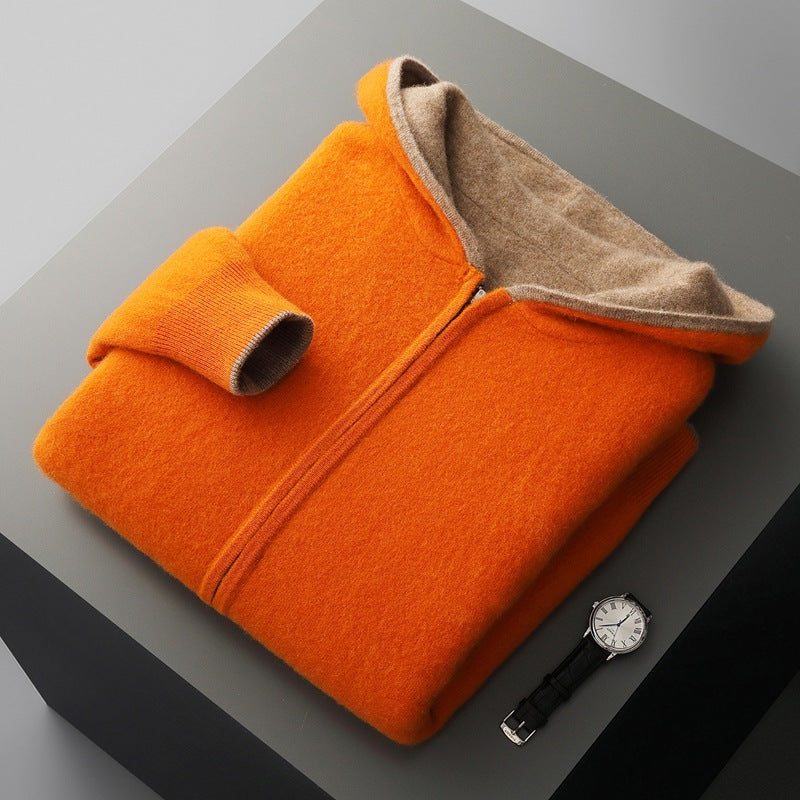 Mens Pure Wool Double Sided Hooded Cardigan Loose Fit Thickened Sweater Jacket