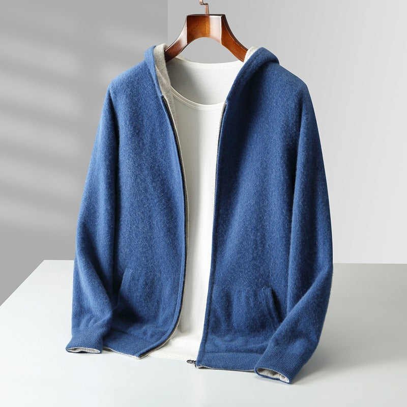 Mens Pure Wool Double Sided Hooded Cardigan Loose Fit Thickened Sweater Jacket