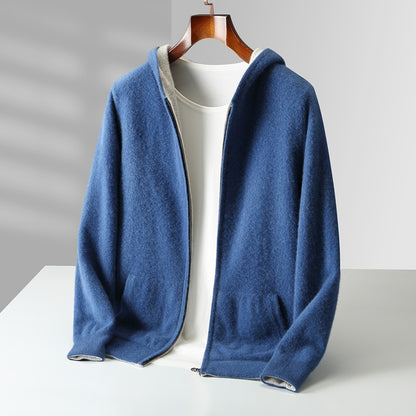 Mens Pure Wool Double Sided Hooded Cardigan Loose Fit Thickened Sweater Jacket