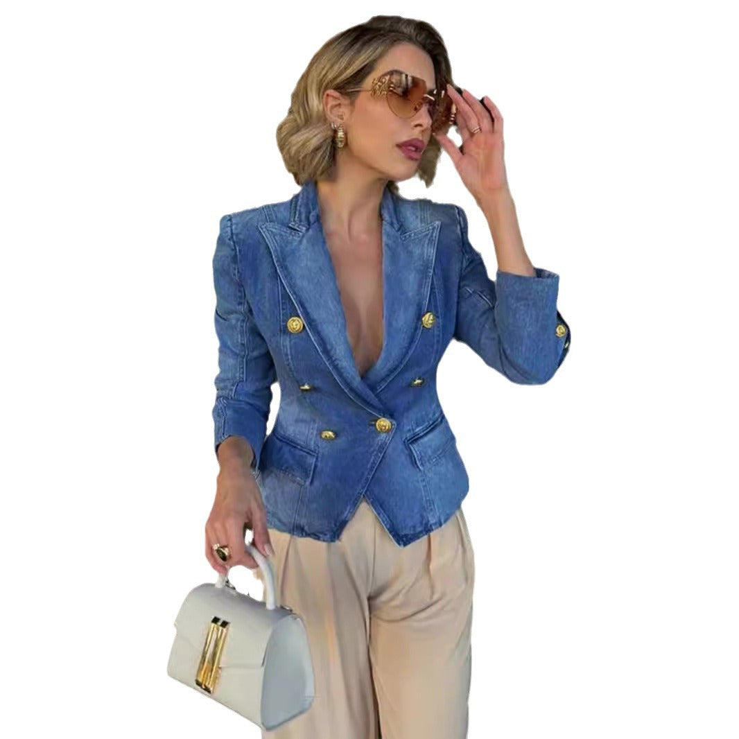 Womens Double-Breasted Denim Jacket
