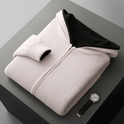 Mens Pure Wool Double Sided Hooded Cardigan Loose Fit Thickened Sweater Jacket