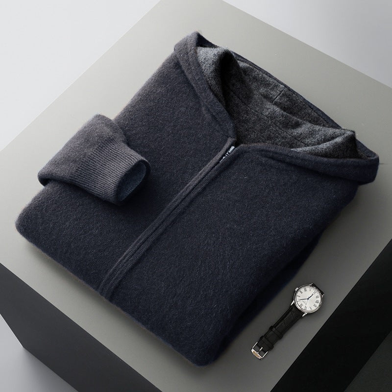 Mens Pure Wool Double Sided Hooded Cardigan Loose Fit Thickened Sweater Jacket