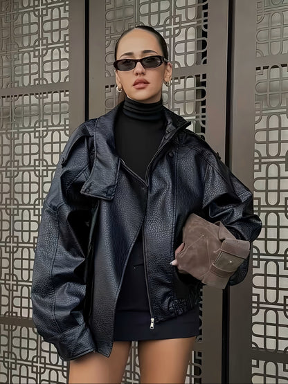 Womens Loose Fit PU Leather Jacket