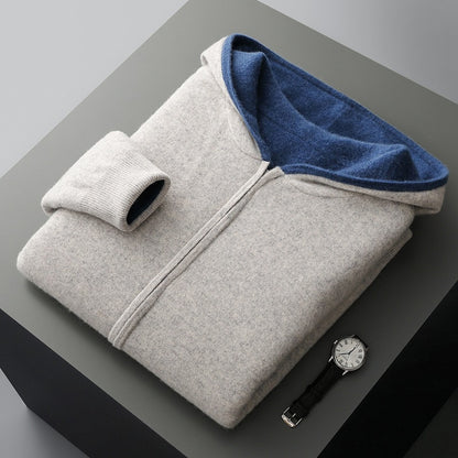 Mens Pure Wool Double Sided Hooded Cardigan Loose Fit Thickened Sweater Jacket
