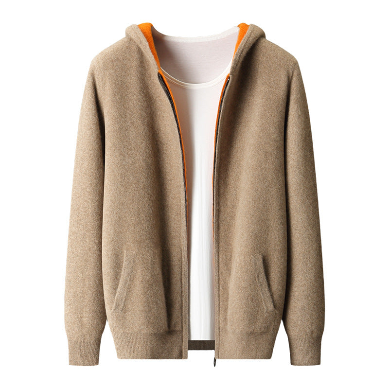 Mens Pure Wool Double Sided Hooded Cardigan Loose Fit Thickened Sweater Jacket