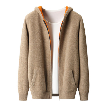 Mens Pure Wool Double Sided Hooded Cardigan Loose Fit Thickened Sweater Jacket