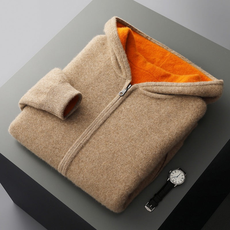 Mens Pure Wool Double Sided Hooded Cardigan Loose Fit Thickened Sweater Jacket