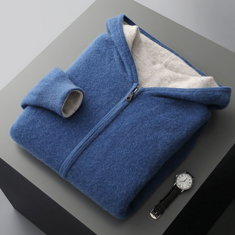 Mens Pure Wool Double Sided Hooded Cardigan Loose Fit Thickened Sweater Jacket