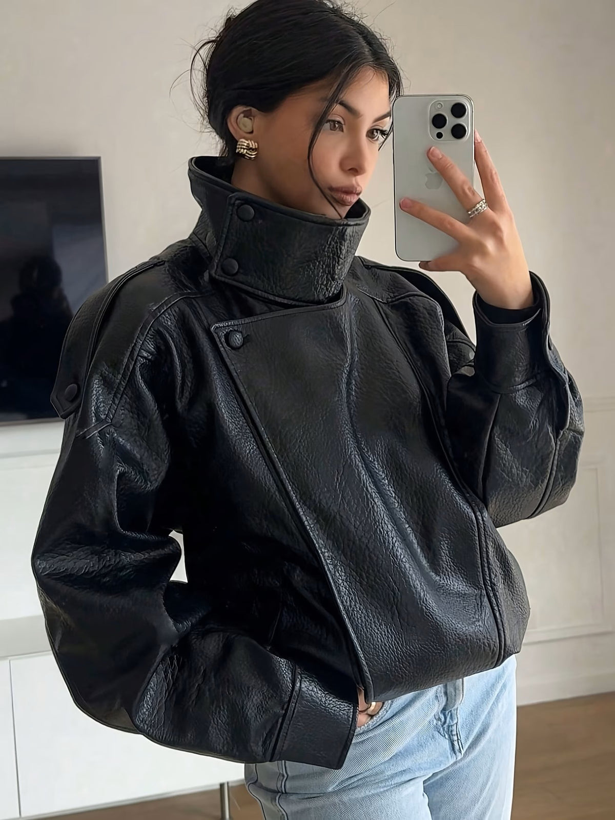 Womens Loose Fit PU Leather Jacket