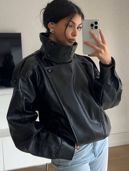 Womens Loose Fit PU Leather Jacket