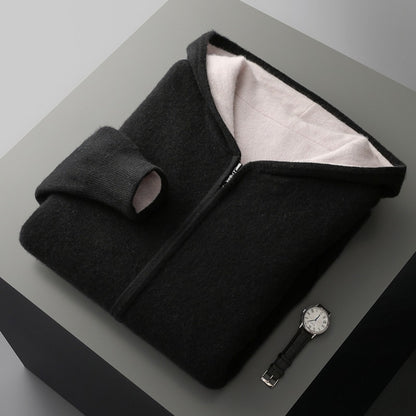 Mens Pure Wool Double Sided Hooded Cardigan Loose Fit Thickened Sweater Jacket