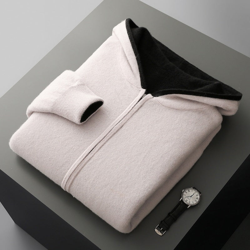 Mens Pure Wool Double Sided Hooded Cardigan Loose Fit Thickened Sweater Jacket
