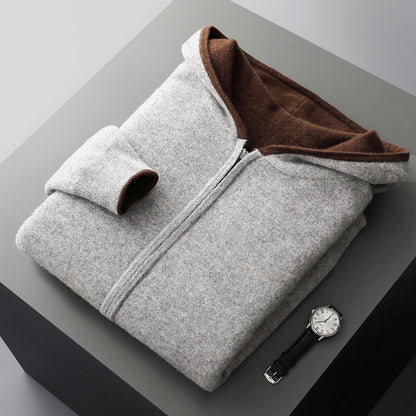 Mens Pure Wool Double Sided Hooded Cardigan Loose Fit Thickened Sweater Jacket