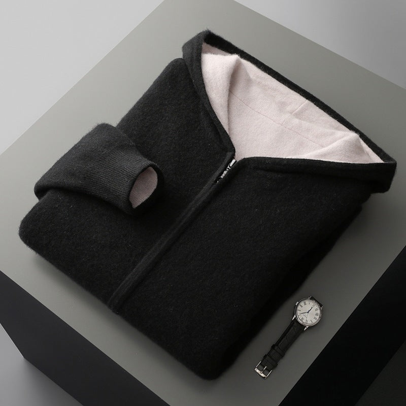 Mens Pure Wool Double Sided Hooded Cardigan Loose Fit Thickened Sweater Jacket