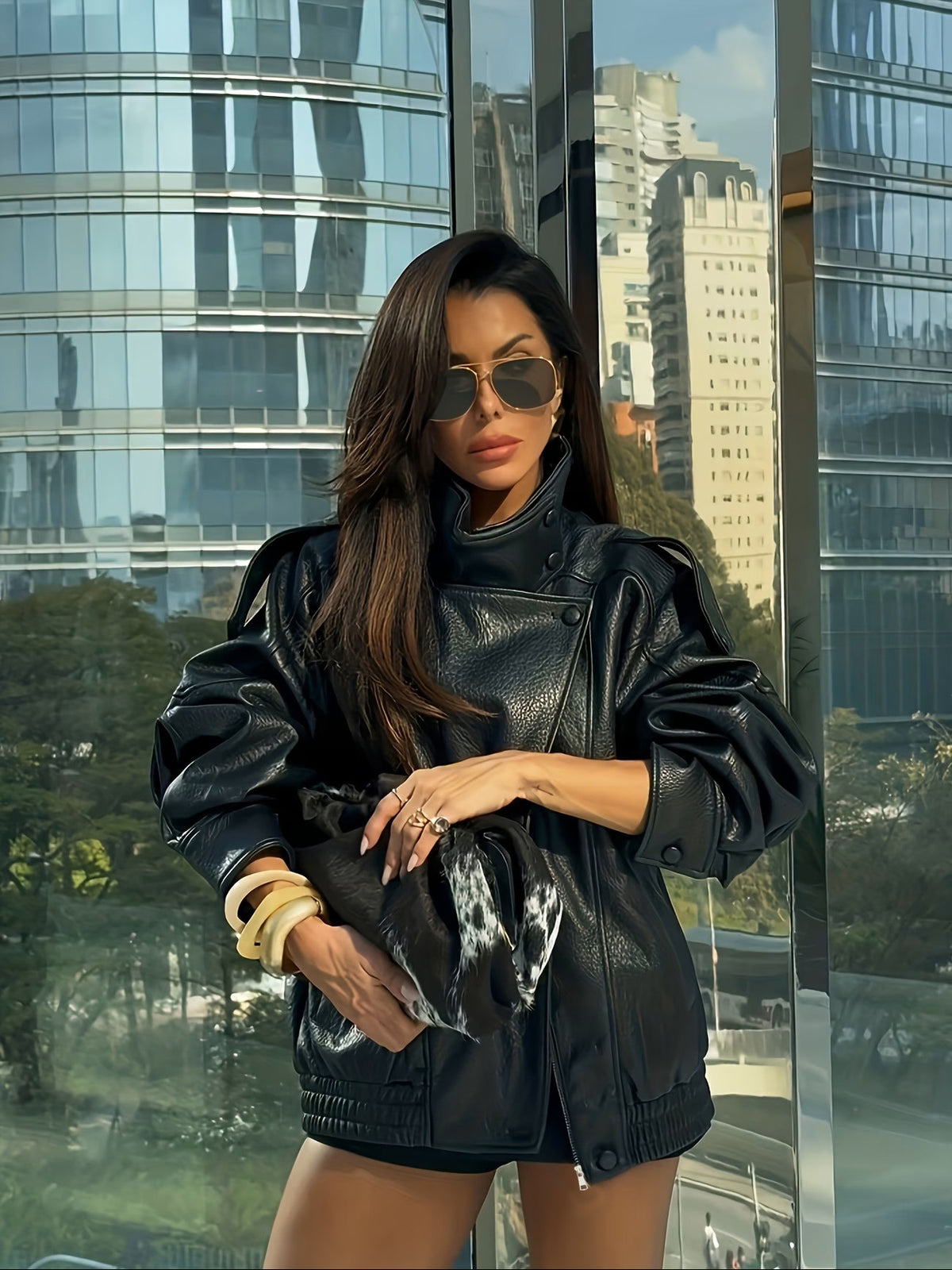 Womens Loose Fit PU Leather Jacket