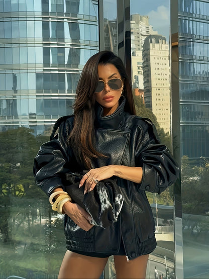 Womens Loose Fit PU Leather Jacket