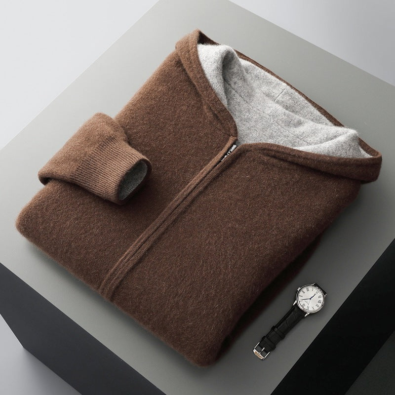 Mens Pure Wool Double Sided Hooded Cardigan Loose Fit Thickened Sweater Jacket
