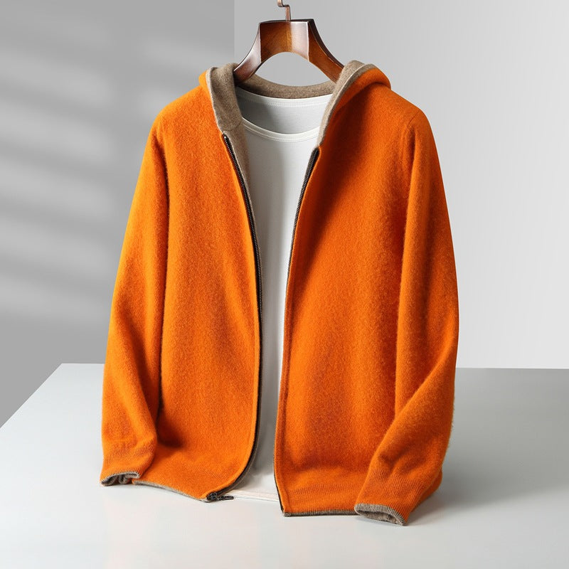 Mens Pure Wool Double Sided Hooded Cardigan Loose Fit Thickened Sweater Jacket