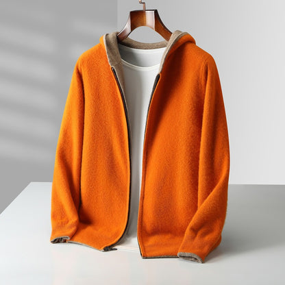 Mens Pure Wool Double Sided Hooded Cardigan Loose Fit Thickened Sweater Jacket