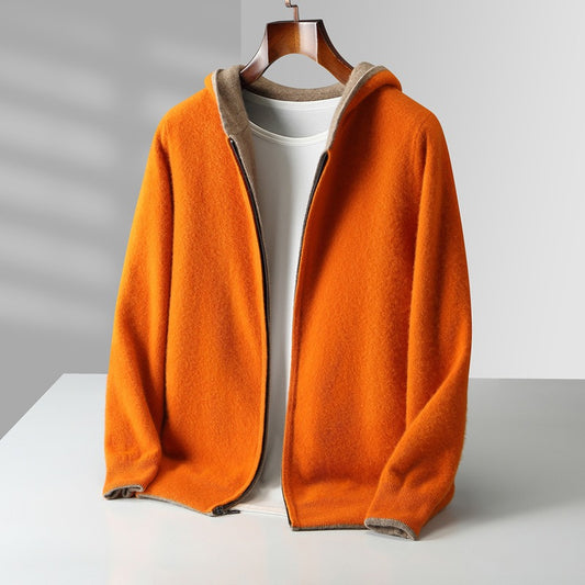 Mens Pure Wool Double Sided Hooded Cardigan Loose Fit Thickened Sweater Jacket