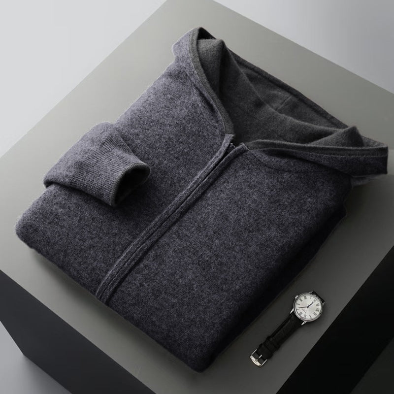 Mens Pure Wool Double Sided Hooded Cardigan Loose Fit Thickened Sweater Jacket