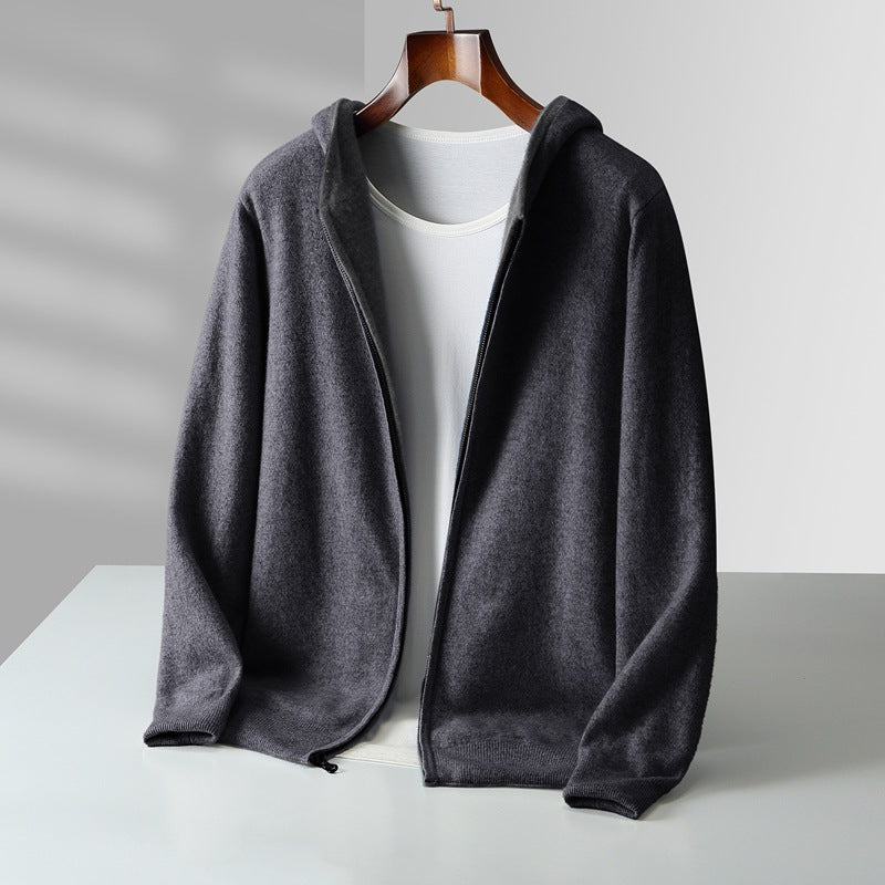 Mens Pure Wool Double Sided Hooded Cardigan Loose Fit Thickened Sweater Jacket