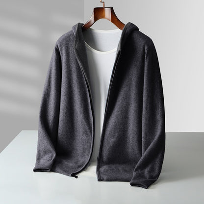 Mens Pure Wool Double Sided Hooded Cardigan Loose Fit Thickened Sweater Jacket