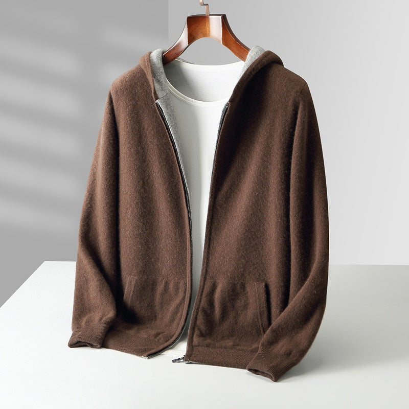 Mens Pure Wool Double Sided Hooded Cardigan Loose Fit Thickened Sweater Jacket