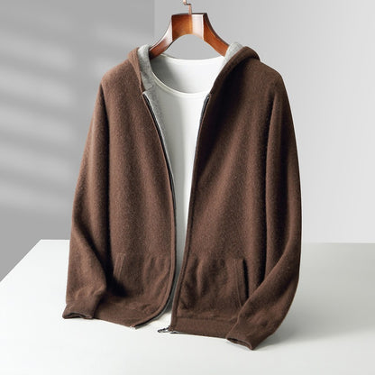Mens Pure Wool Double Sided Hooded Cardigan Loose Fit Thickened Sweater Jacket